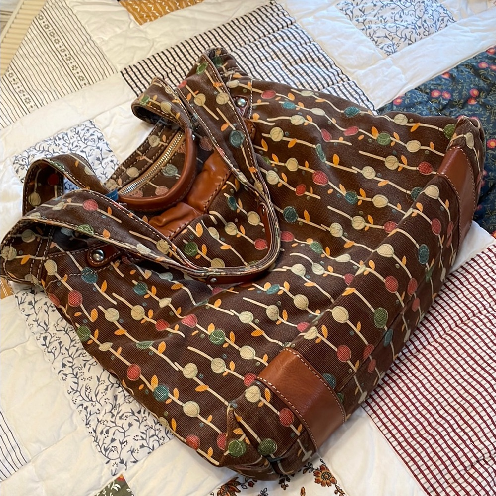 Fossil Original Brand Brown Canvas Print Hobo Style Shoulder Bag